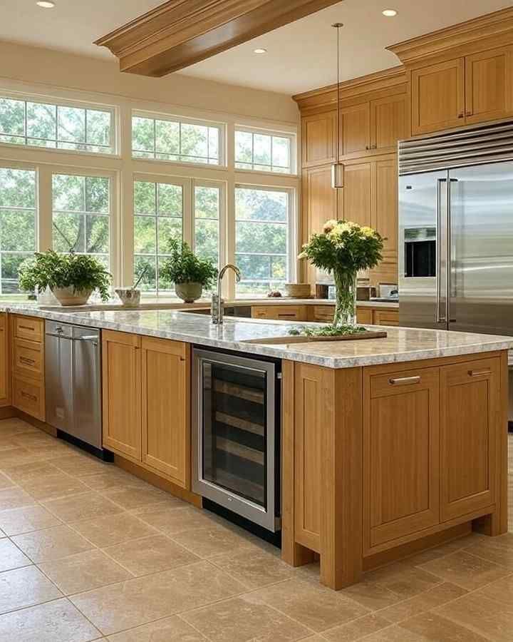 Spacious kitchen with a large island, stainless steel appliances, light wood cabinetry, and a large window overlooking a green landscape.