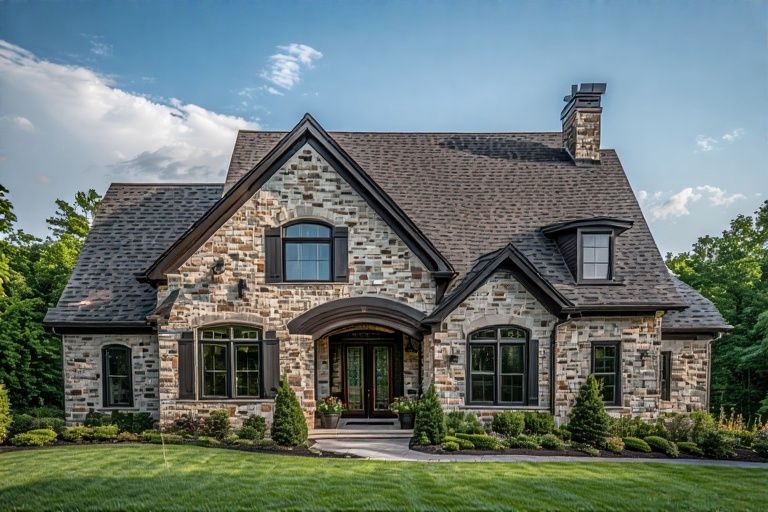 Stone house with dark roof and trim, green lawn, trees, and blue sky.