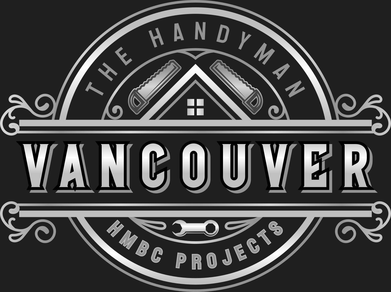 Circular logo for Handyman Services in Vancouver, BC, featuring a smiling professional, tools, and a mountain landscape.