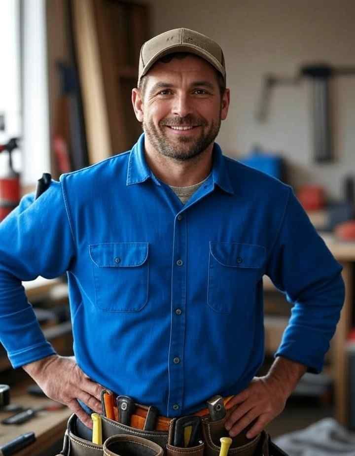 A carpenter smiles, hands on hips, in a workshop; wearing a blue shirt, tool belt, and cap.