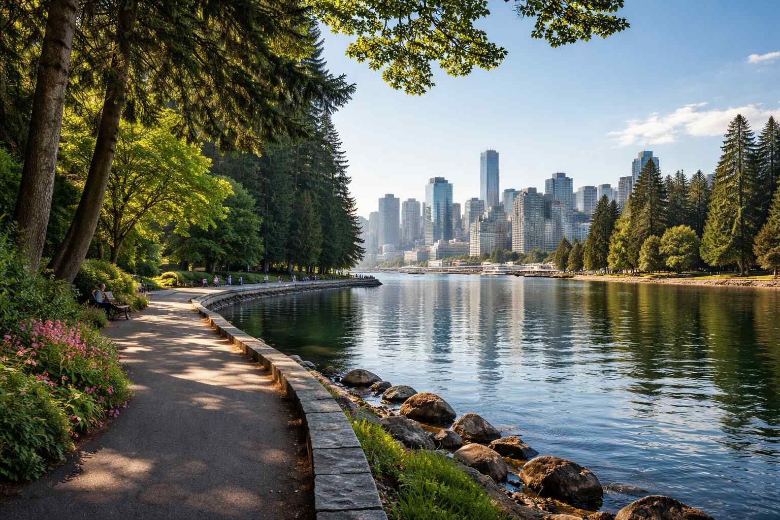 A scenic, paved walkway lines a calm riverbank, leading toward a distant city skyline framed by lush evergreen trees.