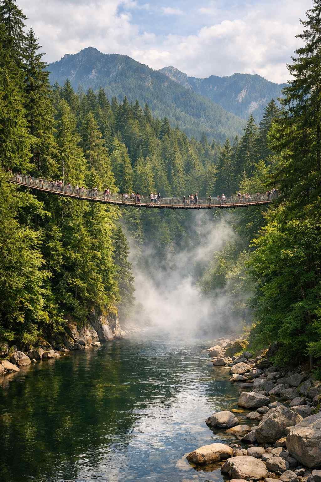 A suspension bridge filled with people crosses over a river in a misty, forested mountain valley.