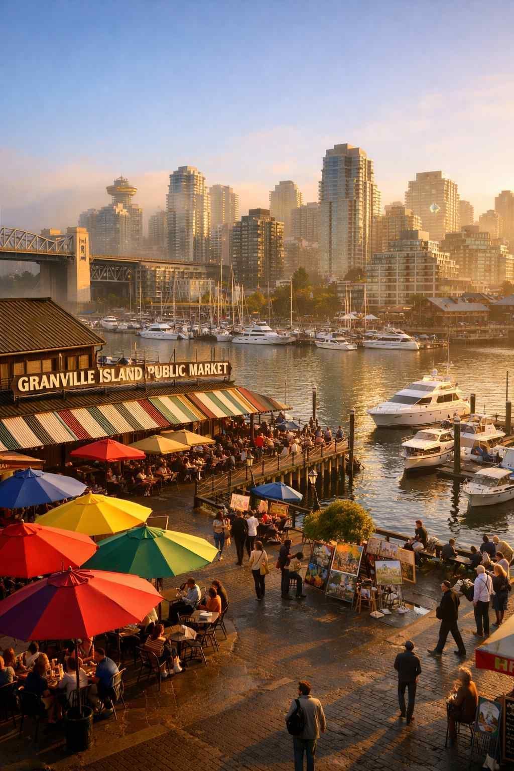 Granville Island Public Market in Vancouver, featuring colorful umbrellas, a waterfront, boats, and city skyline at sunset.