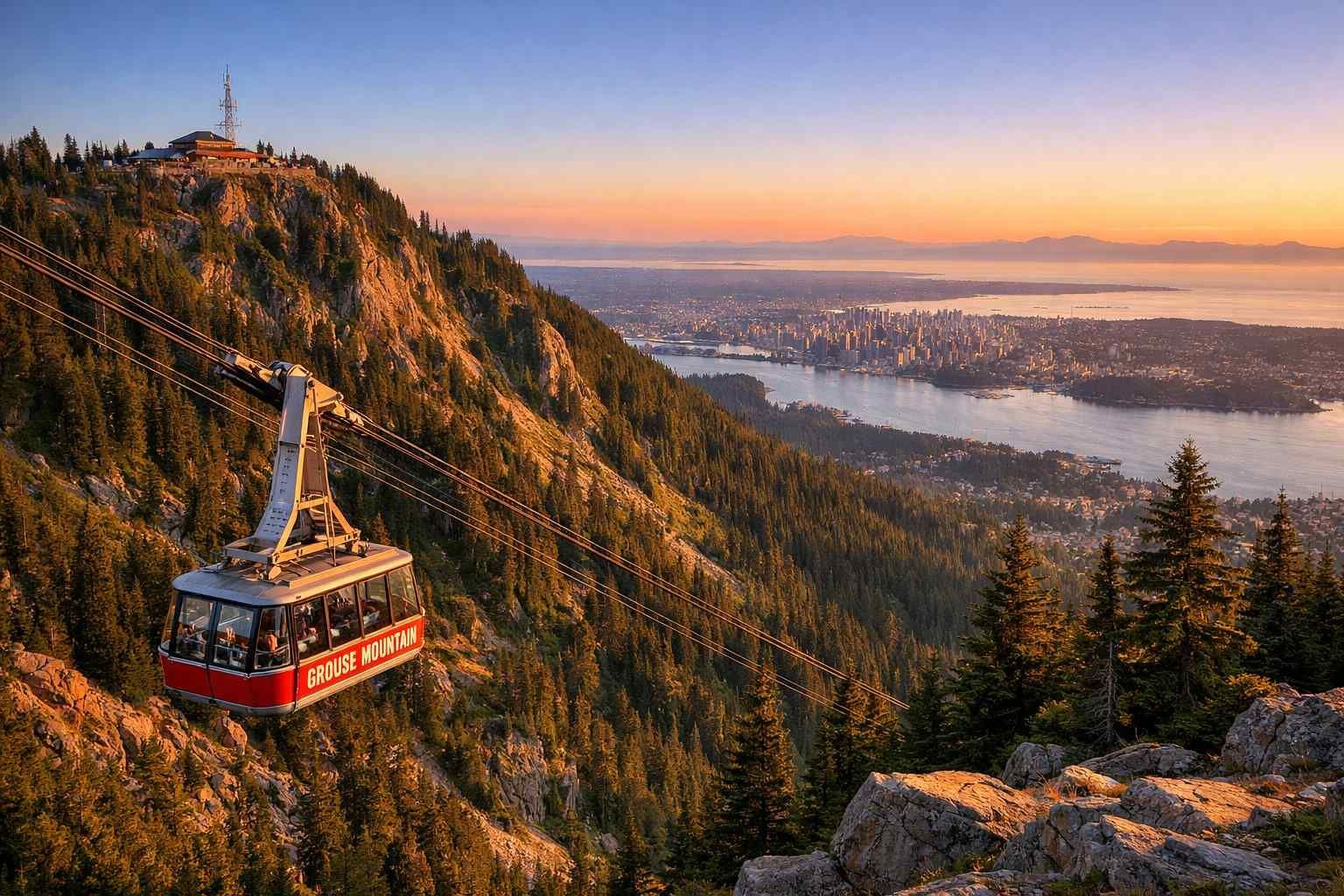 A red cable car descends a mountain slope toward a coastal city at sunset.