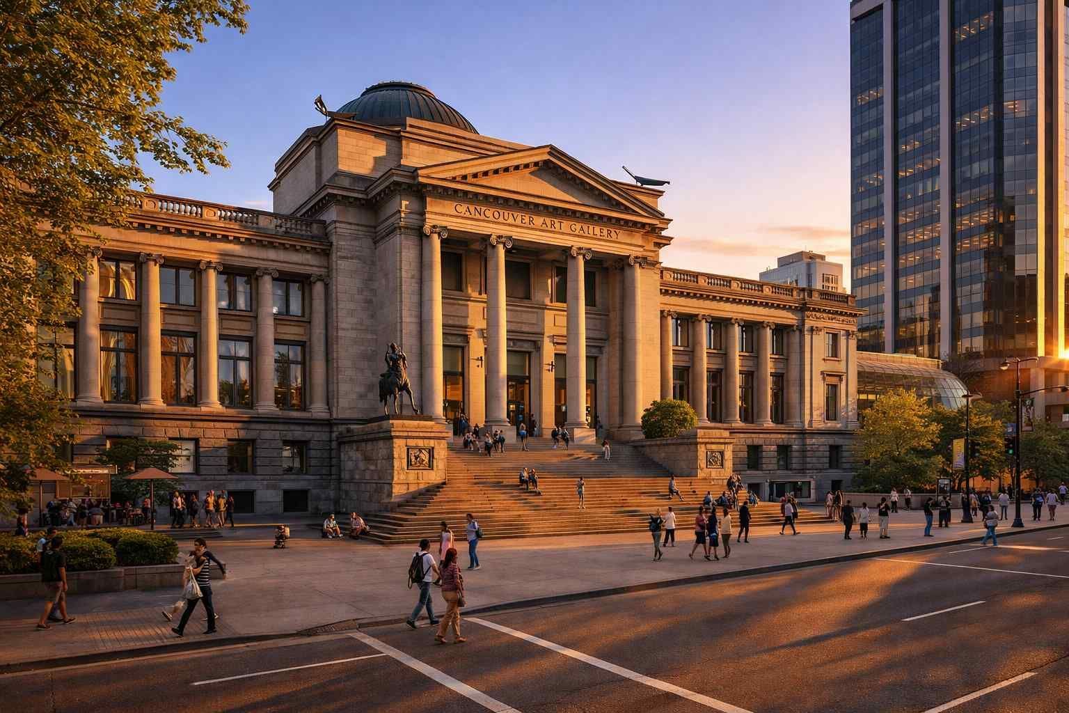 A classical stone building with columns and a dome, with people walking on the sidewalk in front during golden hour.