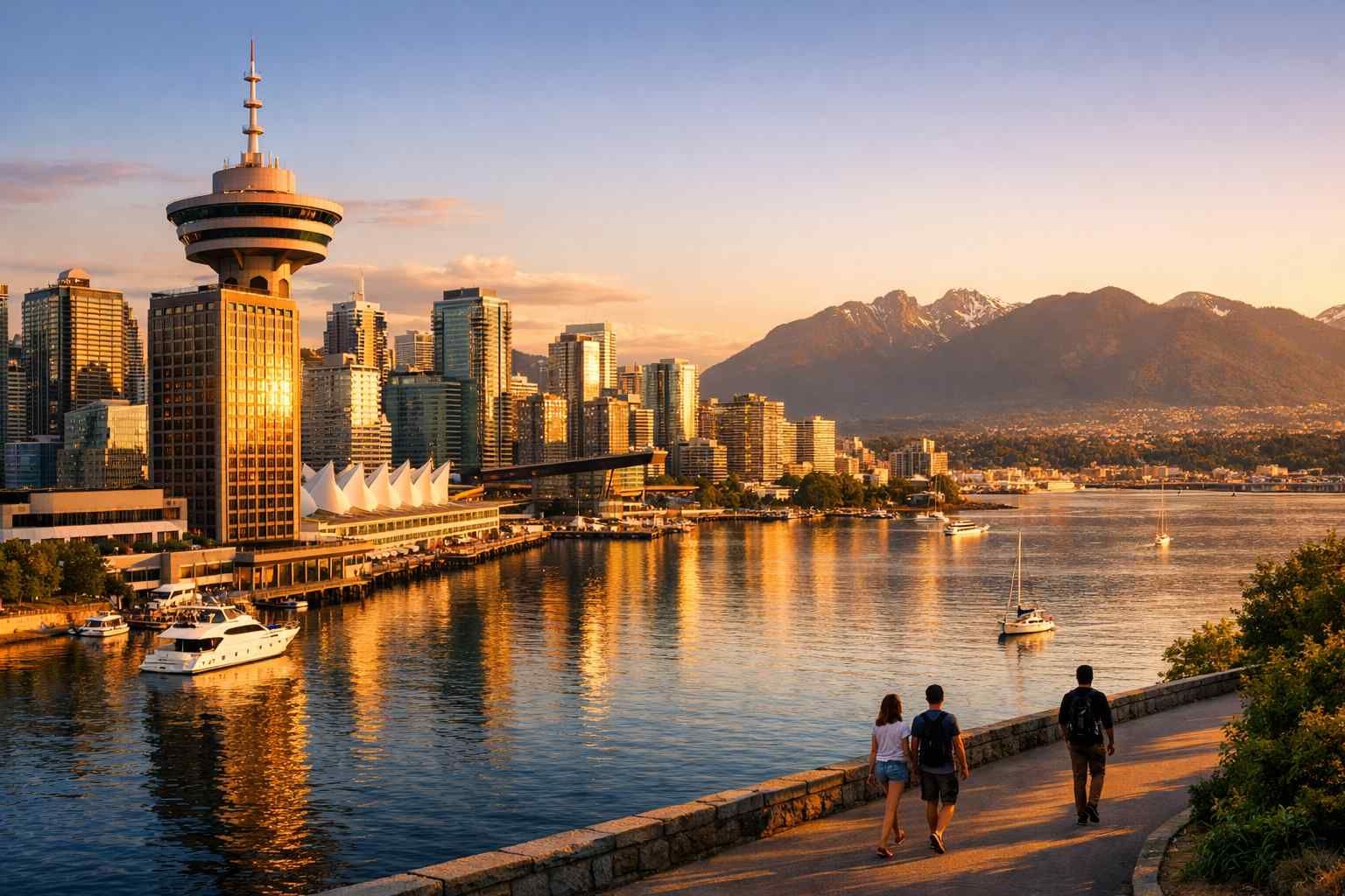 A golden sunset over the Vancouver skyline, featuring the Harbour Centre tower, water, and three people walking nearby.