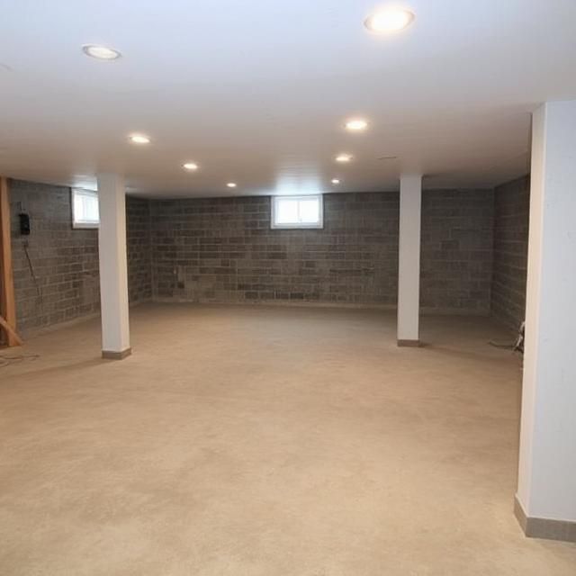 Empty basement with gray block walls, concrete floor, white support columns, and recessed lighting.