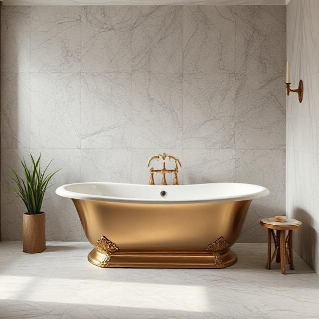 A luxurious gold bathtub with ornate fixtures sits in a modern bathroom with marble-look walls and floor.