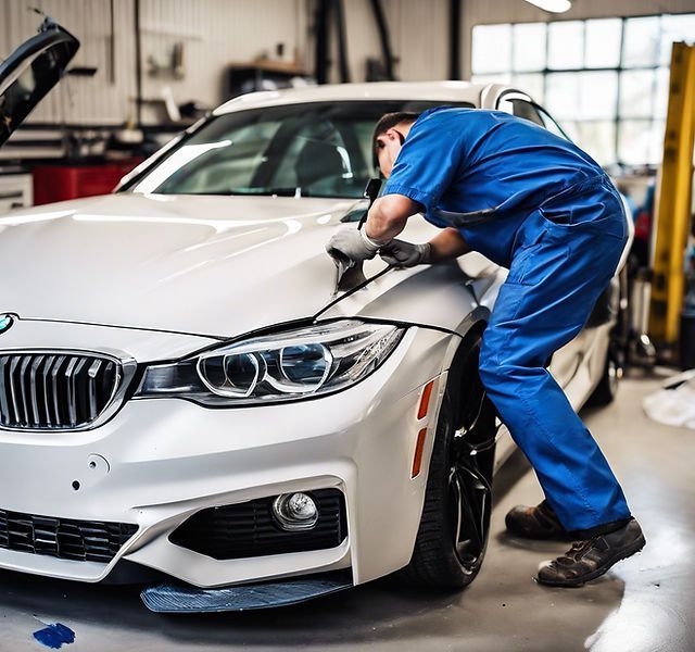 A man in blue overalls is working on a white bmw