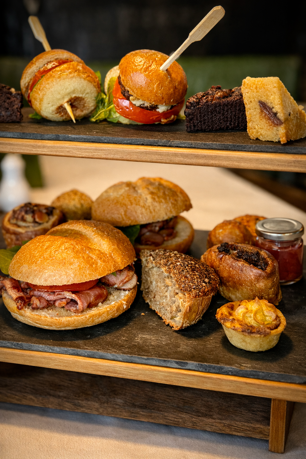 Gentleman’s afternoon tea at Ty’r Winch Gastro Pub featuring savoury pastries, mini sandwiches and hearty bites served on a two-tier slate stand