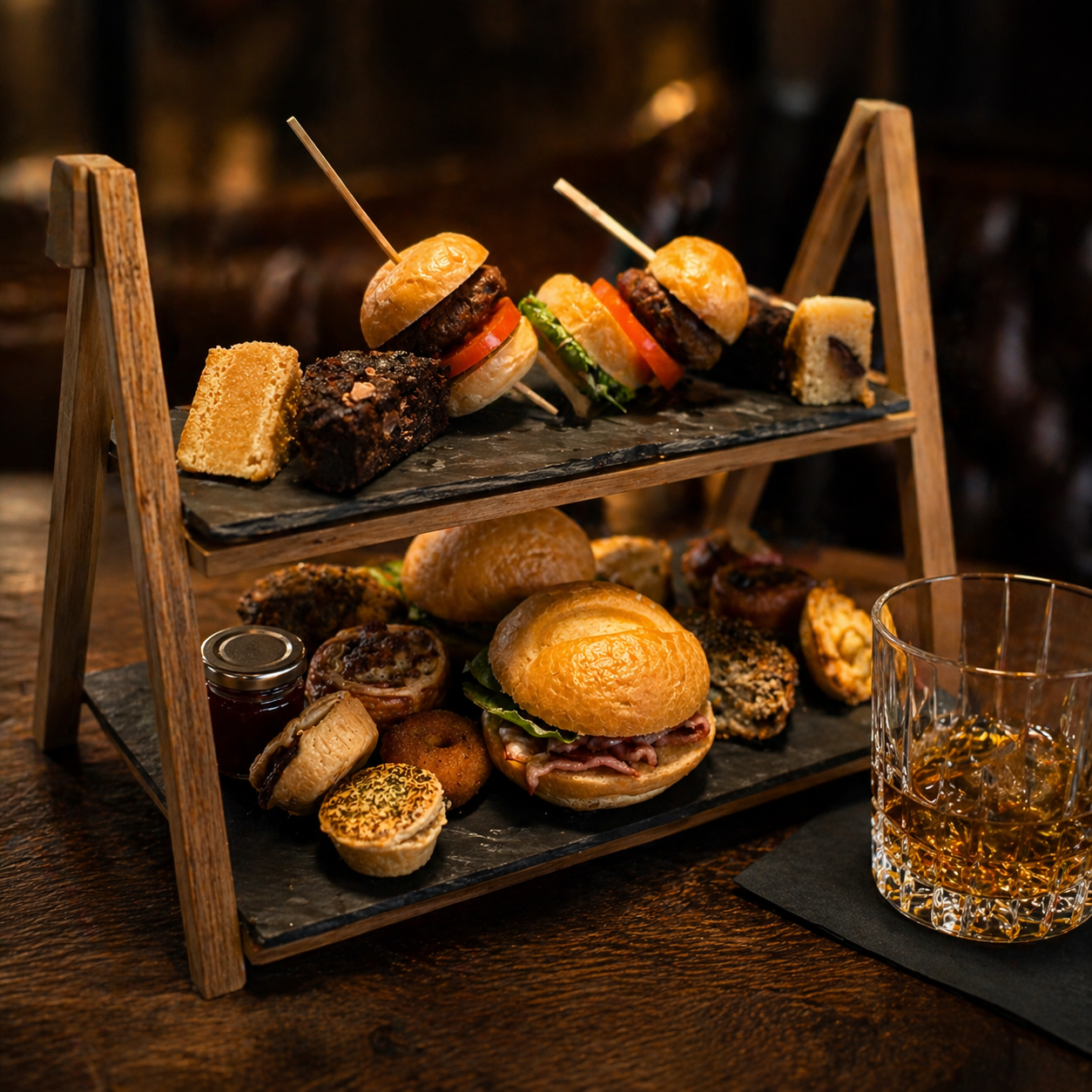 Gentleman’s afternoon tea at Ty’r Winch Gastro Pub featuring savoury pastries, mini sandwiches and hearty bites served on a two-tier slate stand