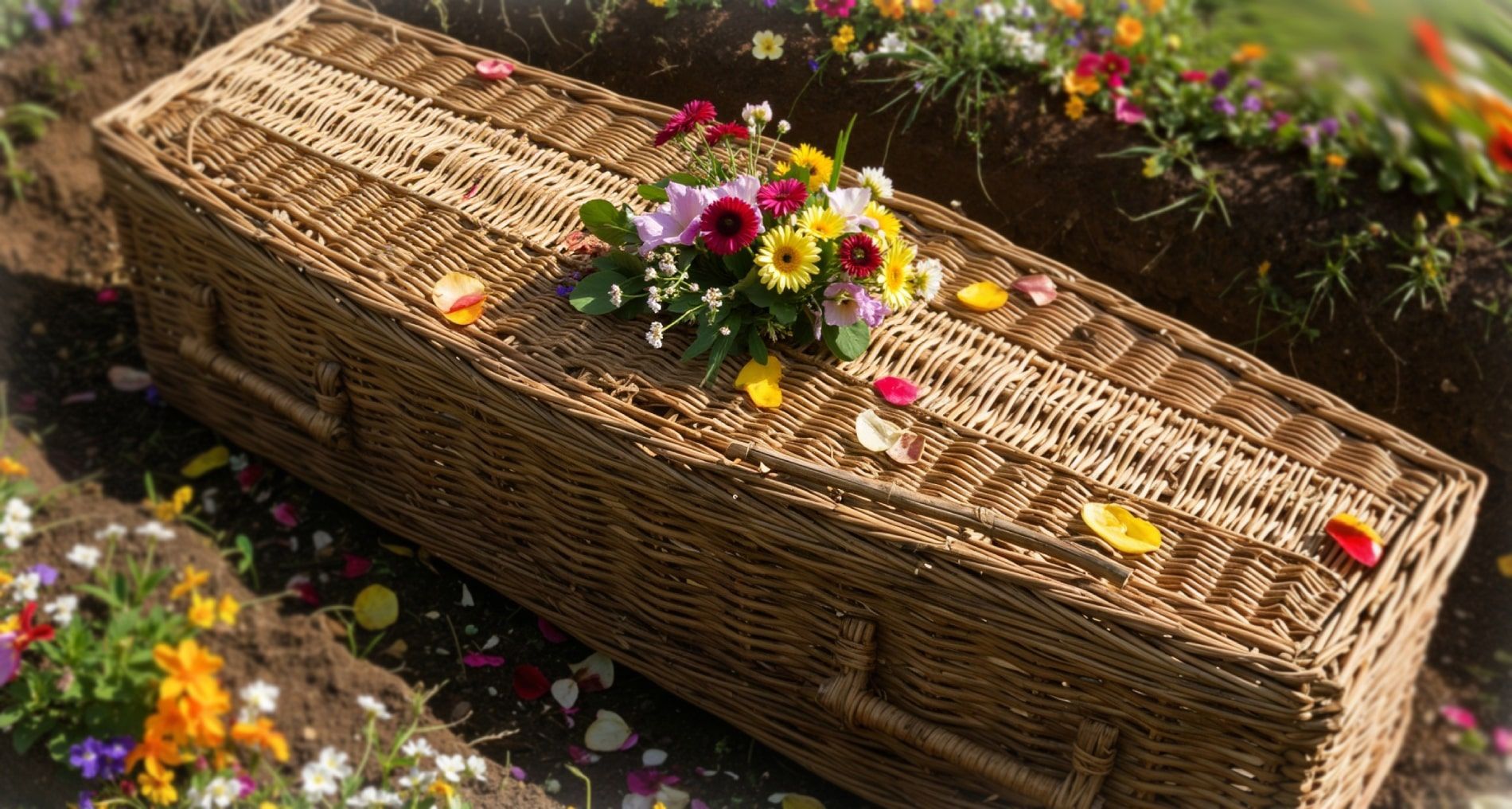 A group of people are standing around a wooden urn surrounded by red roses at a funeral.