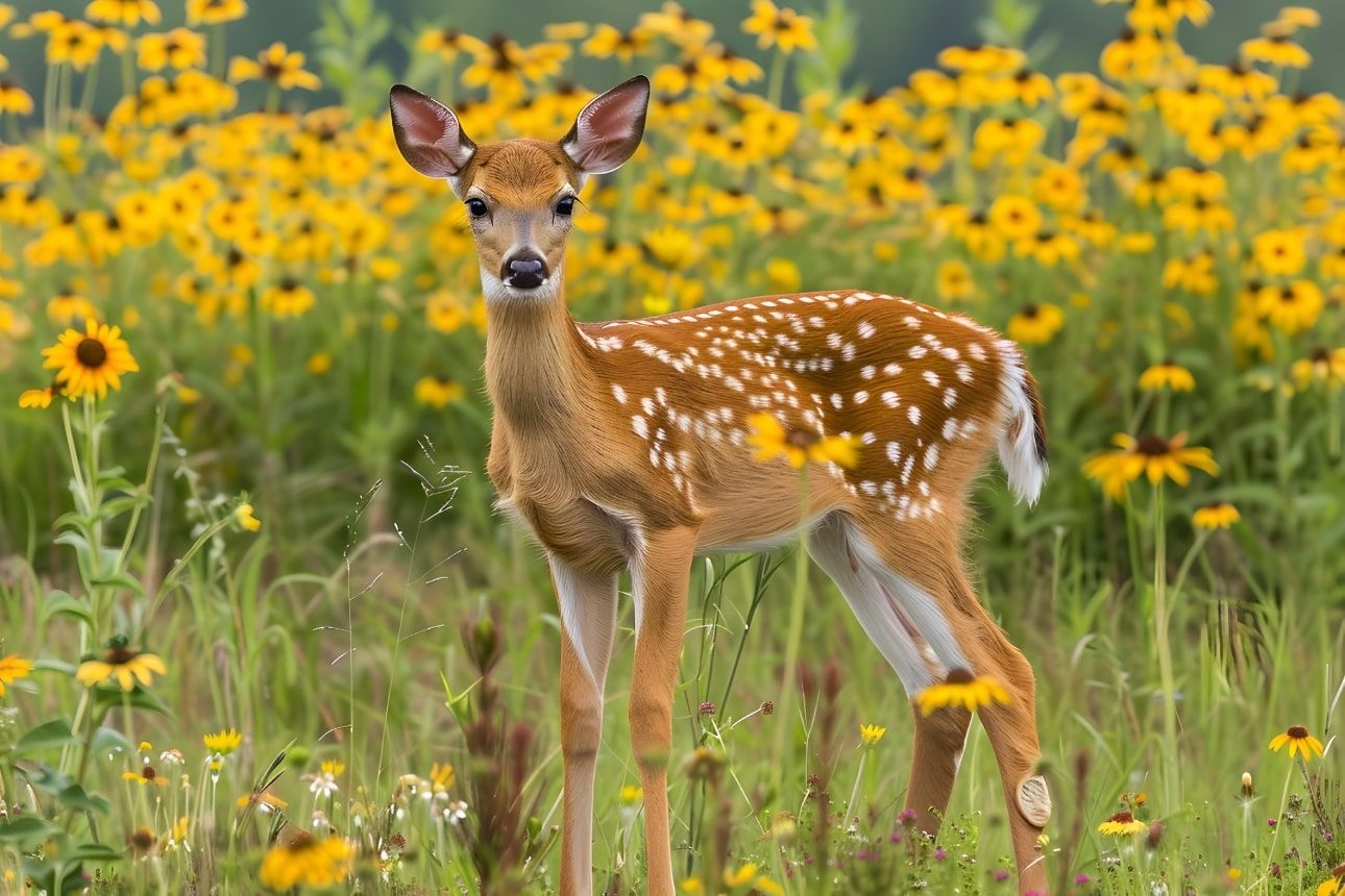Fawn with white spots stands in a field of yellow wildflowers, looking towards the viewer.