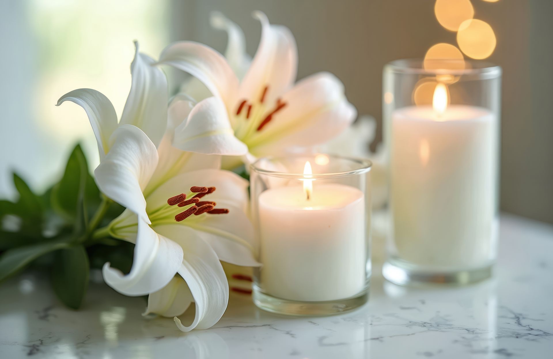 White lillies next to white, lit candles.