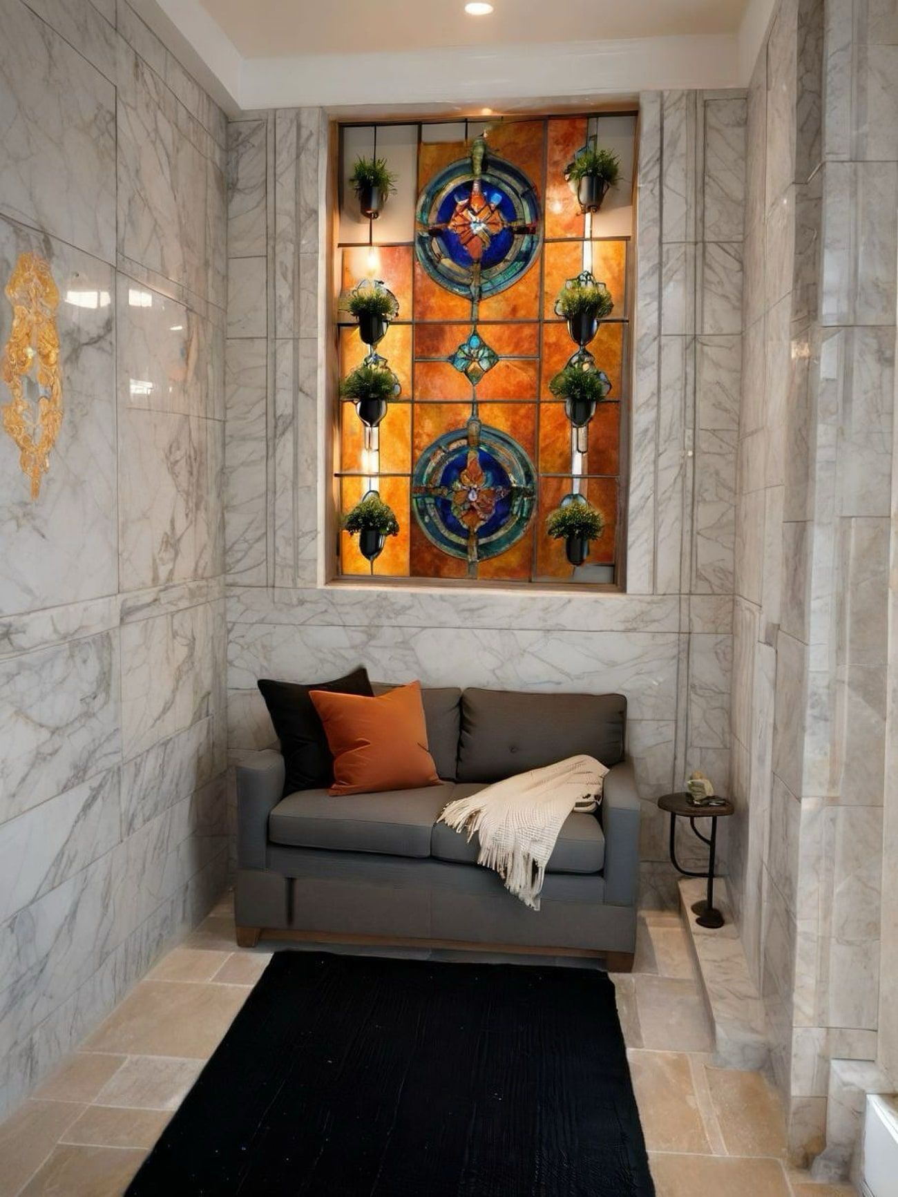 A gray sofa with orange and black pillows sits under a stained glass window, flanked by marble walls.