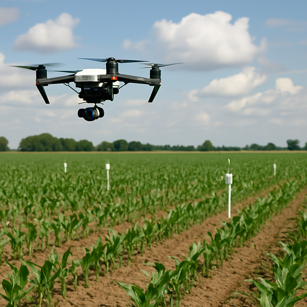A quadcopter drone hovers over sensor-equipped crop rows, capturing high-resolution data