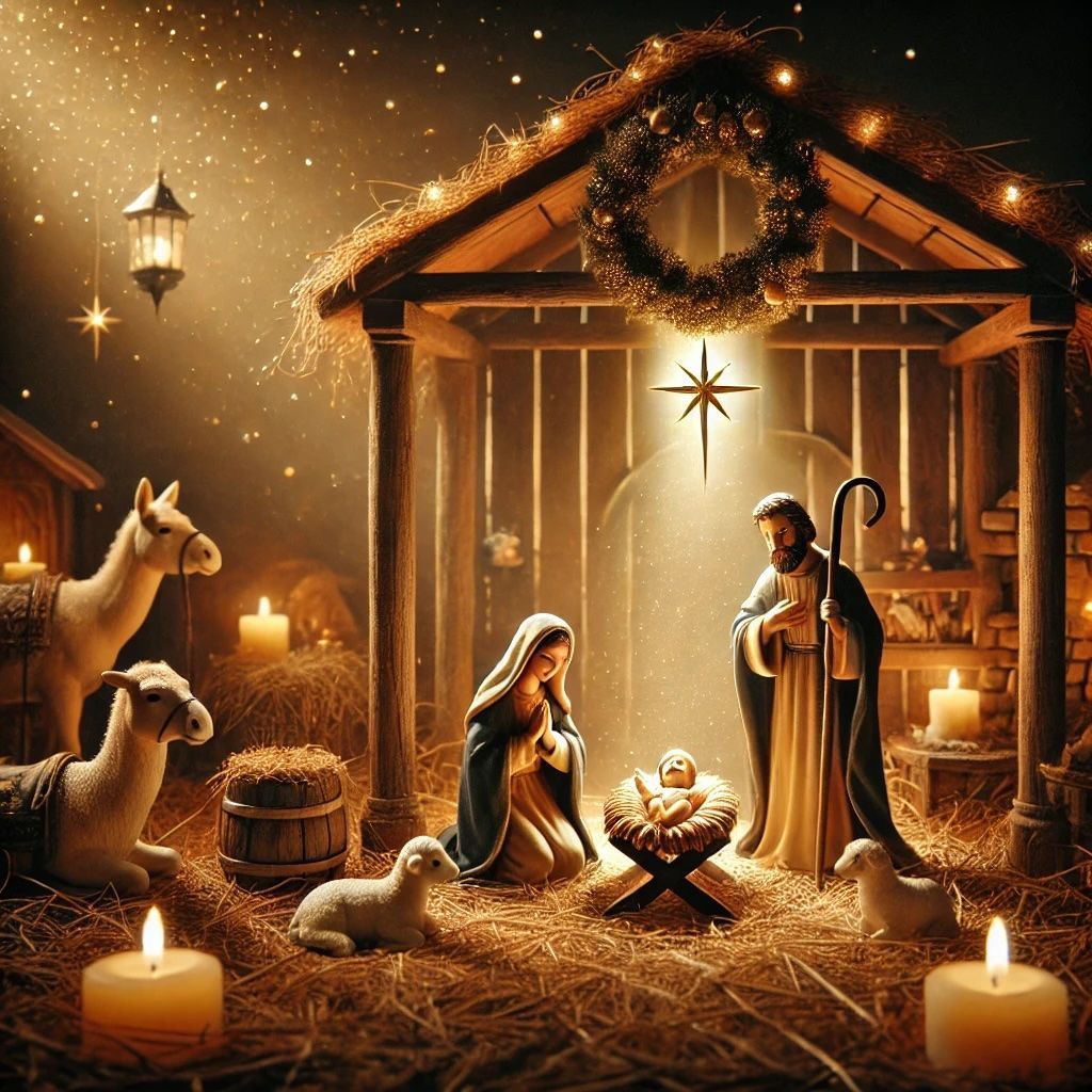 A nativity scene with candles and animals in a stable