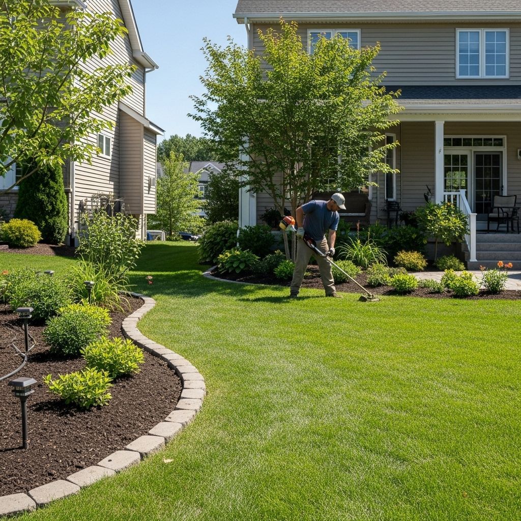 Man trimming grass with a weed whacker in a well-manicured yard with a house in the background.