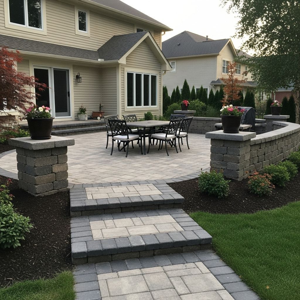 Backyard patio with stone pavers, seating, and landscaping.