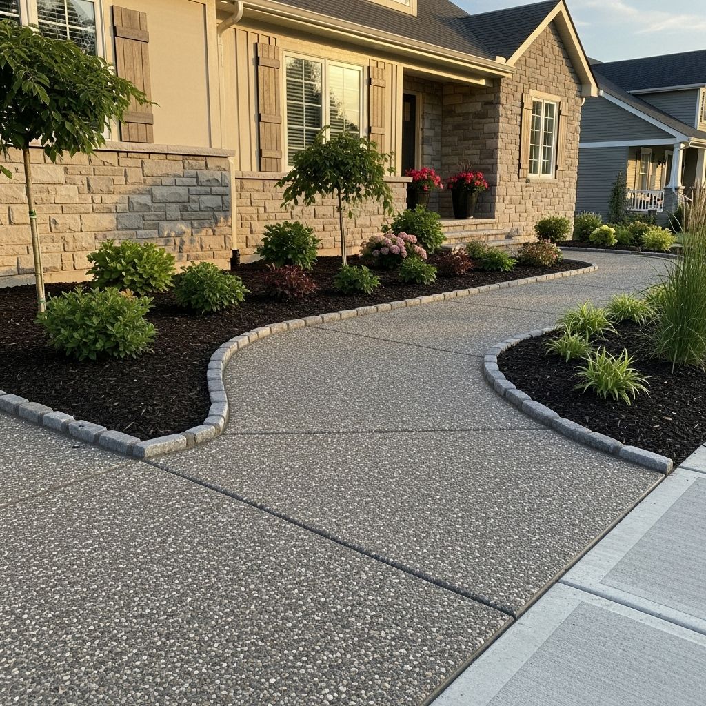 Stone-covered walkway curves towards a house with stone and tan siding, surrounded by landscaping and mulch.