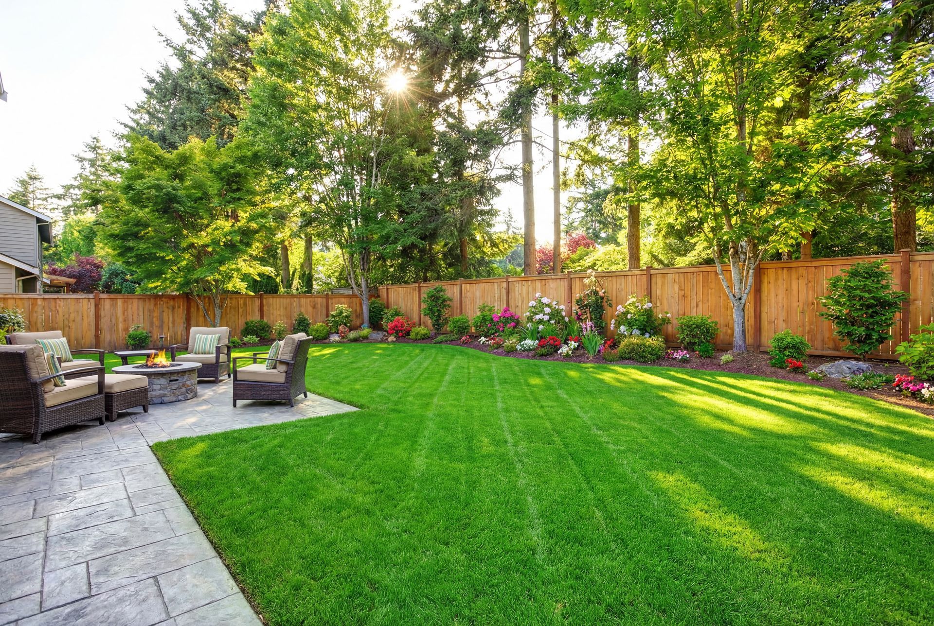 Lush green backyard with patio furniture, manicured lawn, wooden fence, and flowering plants.
