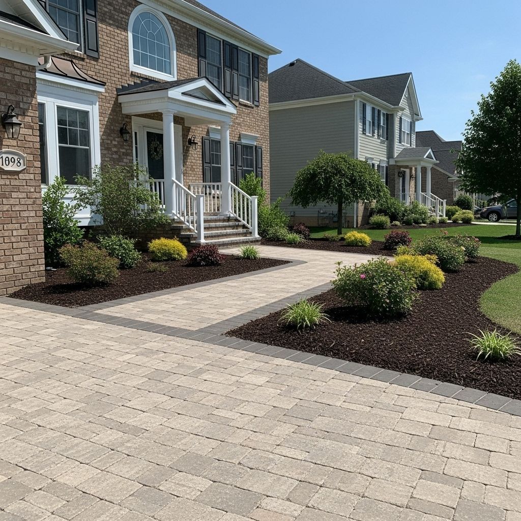 Brick home with a paved walkway, landscaped with bushes and mulch. Other houses are in the background.