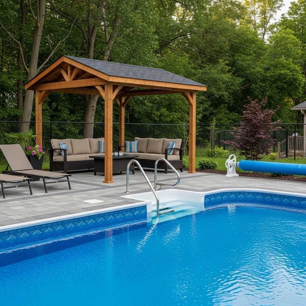 Gazebo with black netting and patio furniture on a deck, surrounded by green trees and grass.