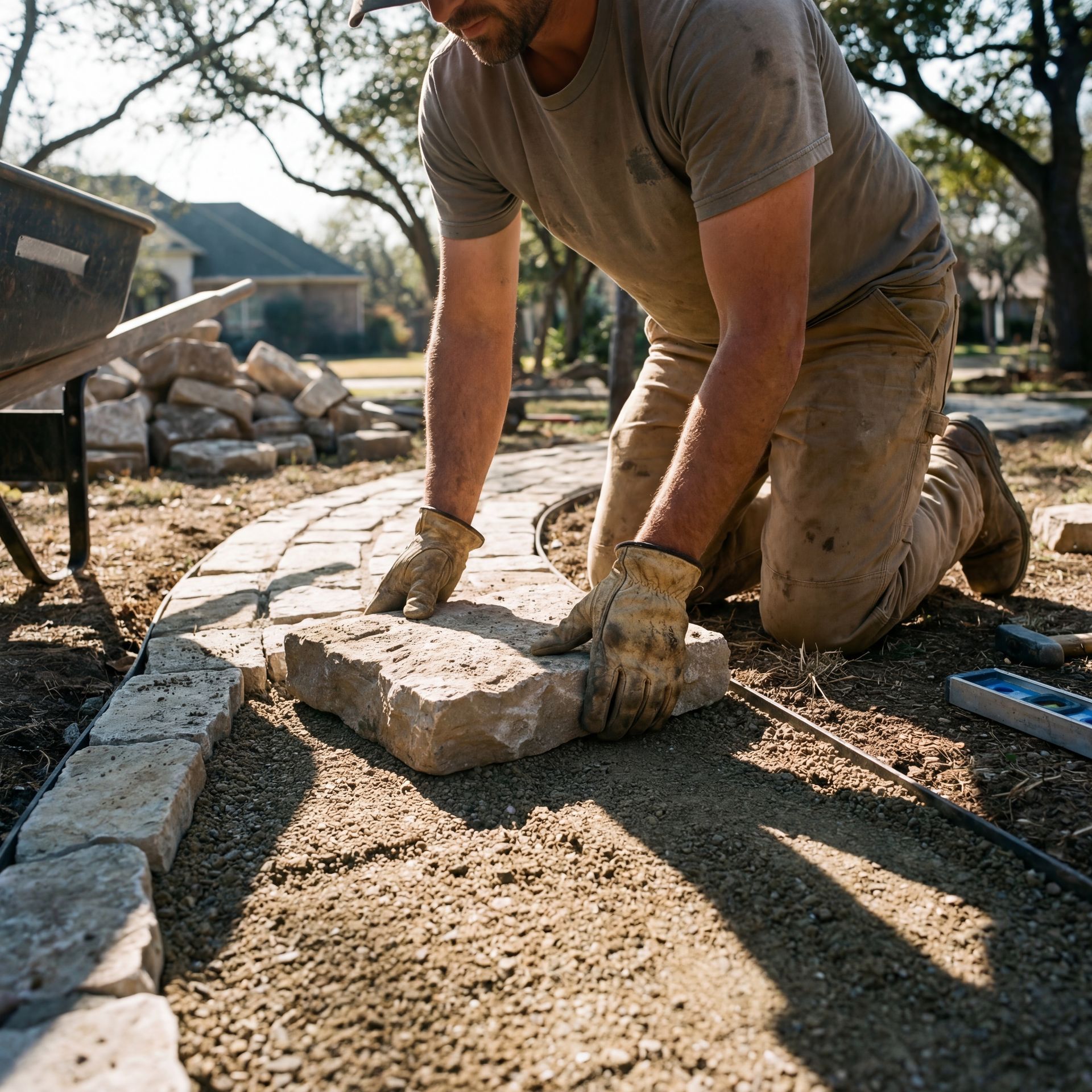 Man kneels, placing a stone in a pathway. He wears work gloves and is surrounded by building materials outdoors.