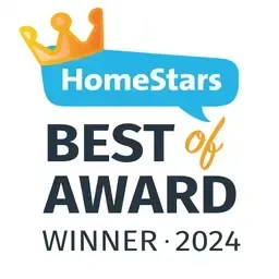 HomeStars Best of Award Winner 2024 logo. Blue speech bubble with gold crown. Dark text: 