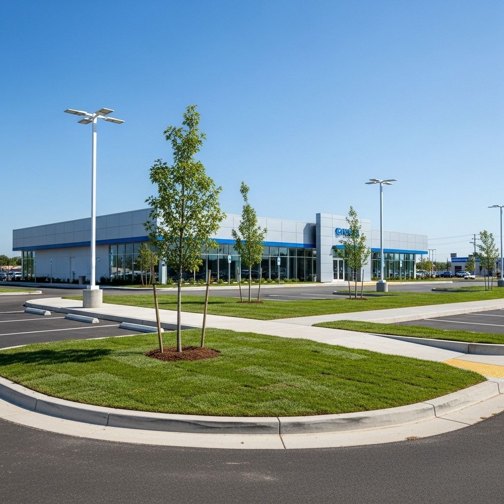 Car dealership with modern architecture, asphalt parking, green landscaping, and clear blue sky.