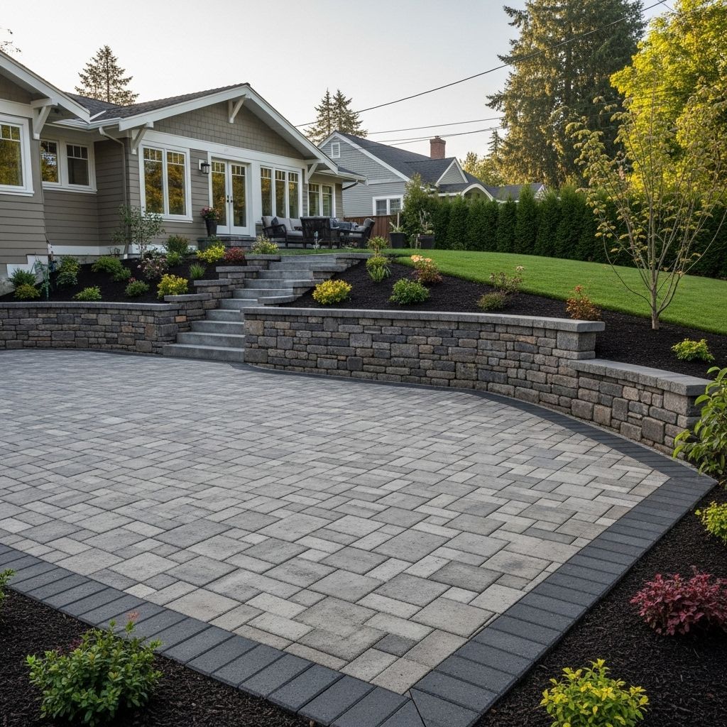 Backyard patio with stone walls, steps, and house, in shades of gray, green, and brown.