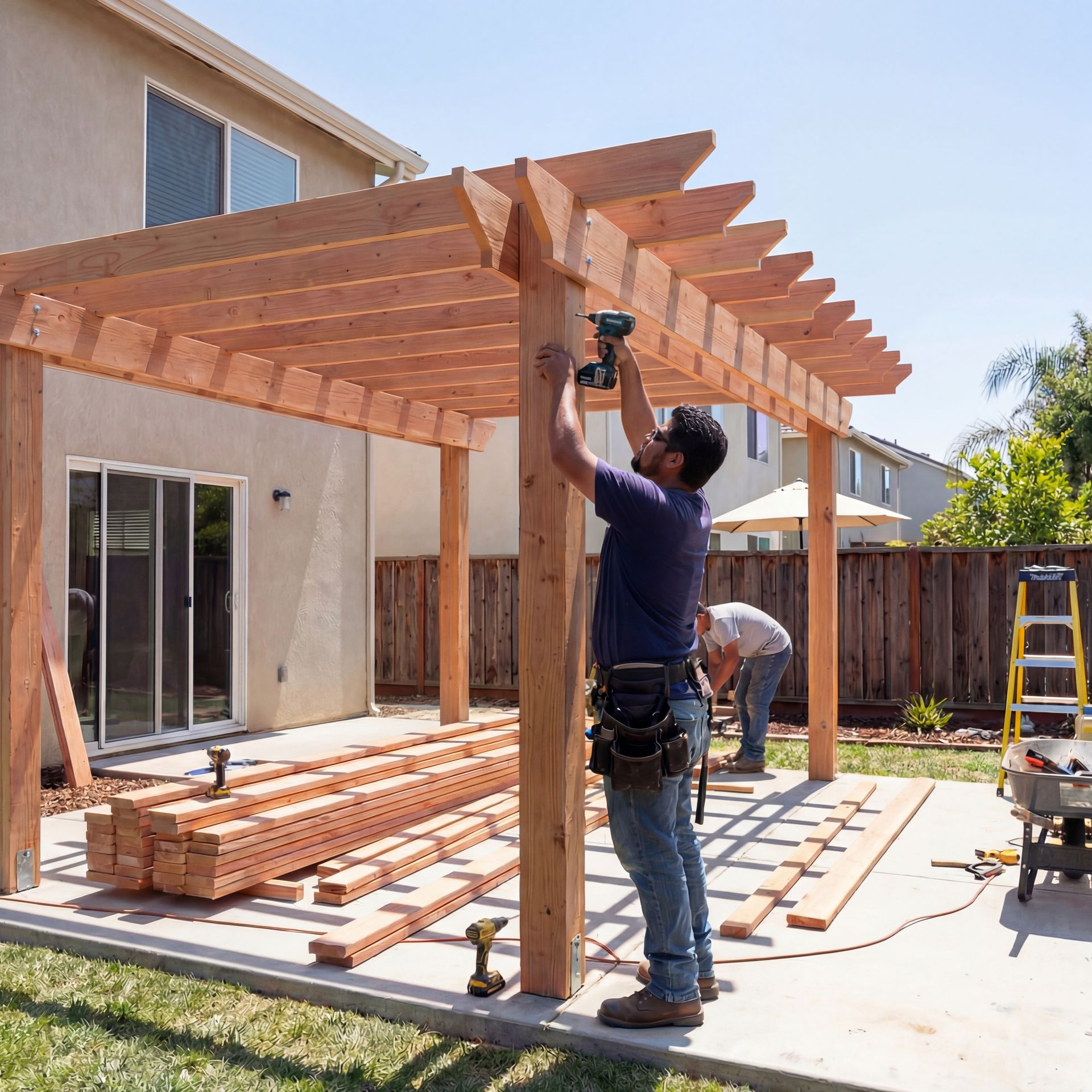 Two workers building a wooden pergola in a backyard on a sunny day.