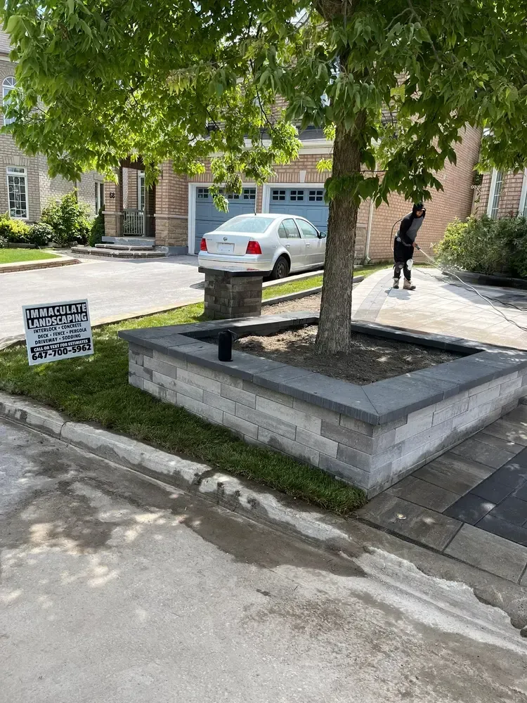 Tree in a rectangular brick planter on a residential property's edge. A person is tending to the tree.