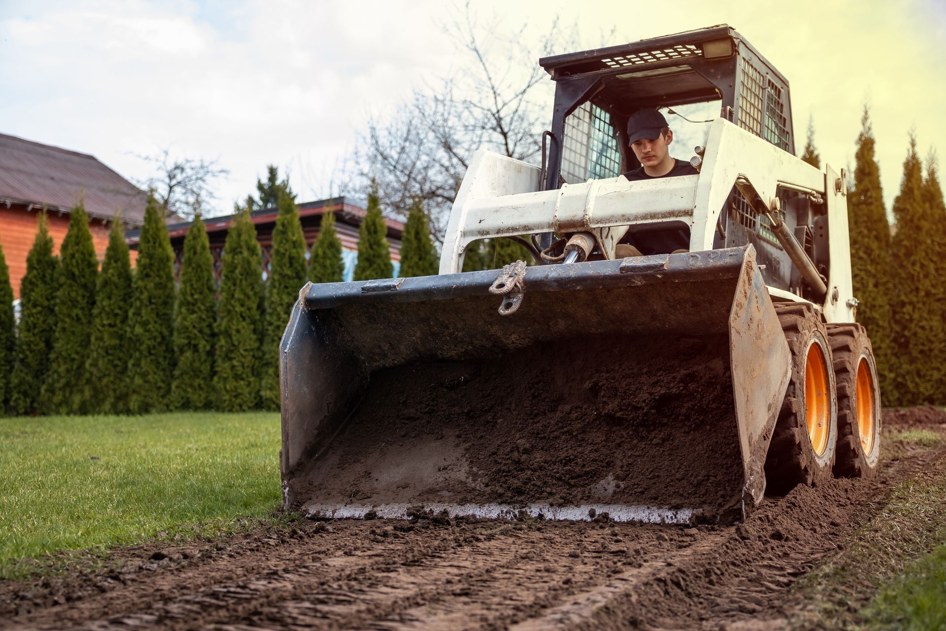 A person operates a white skid-steer loader scooping up dirt in a grassy yard, near a house and trees.