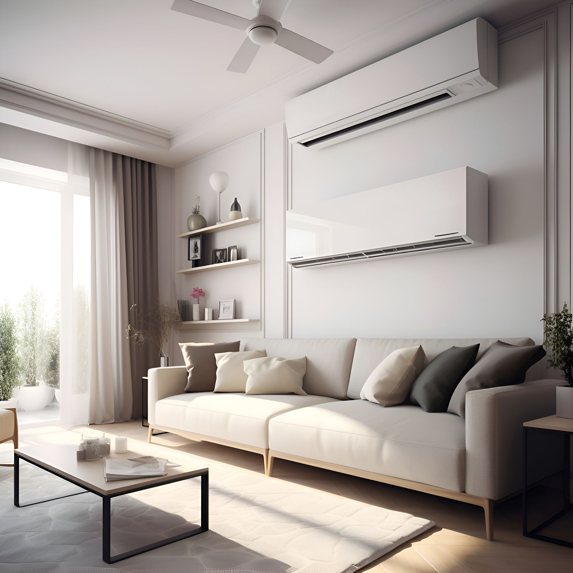 A living room with a couch and a ceiling fan