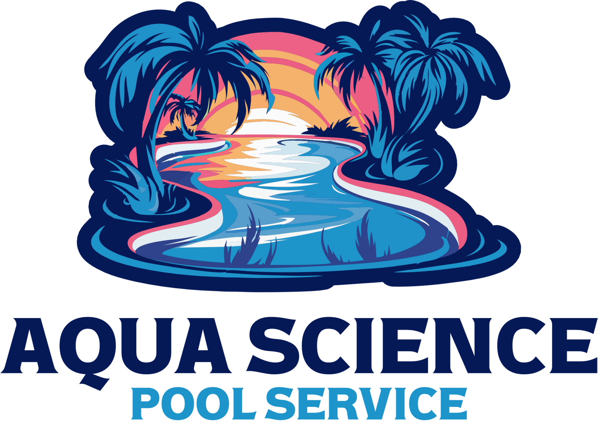 Logo for Aqua Science Pool Service, featuring a stylized pool scene with palm trees and a sunset.