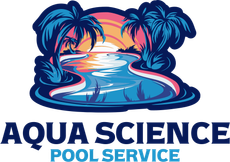 Logo for Aqua Science Pool Service, featuring a stylized pool scene with palm trees and a sunset.