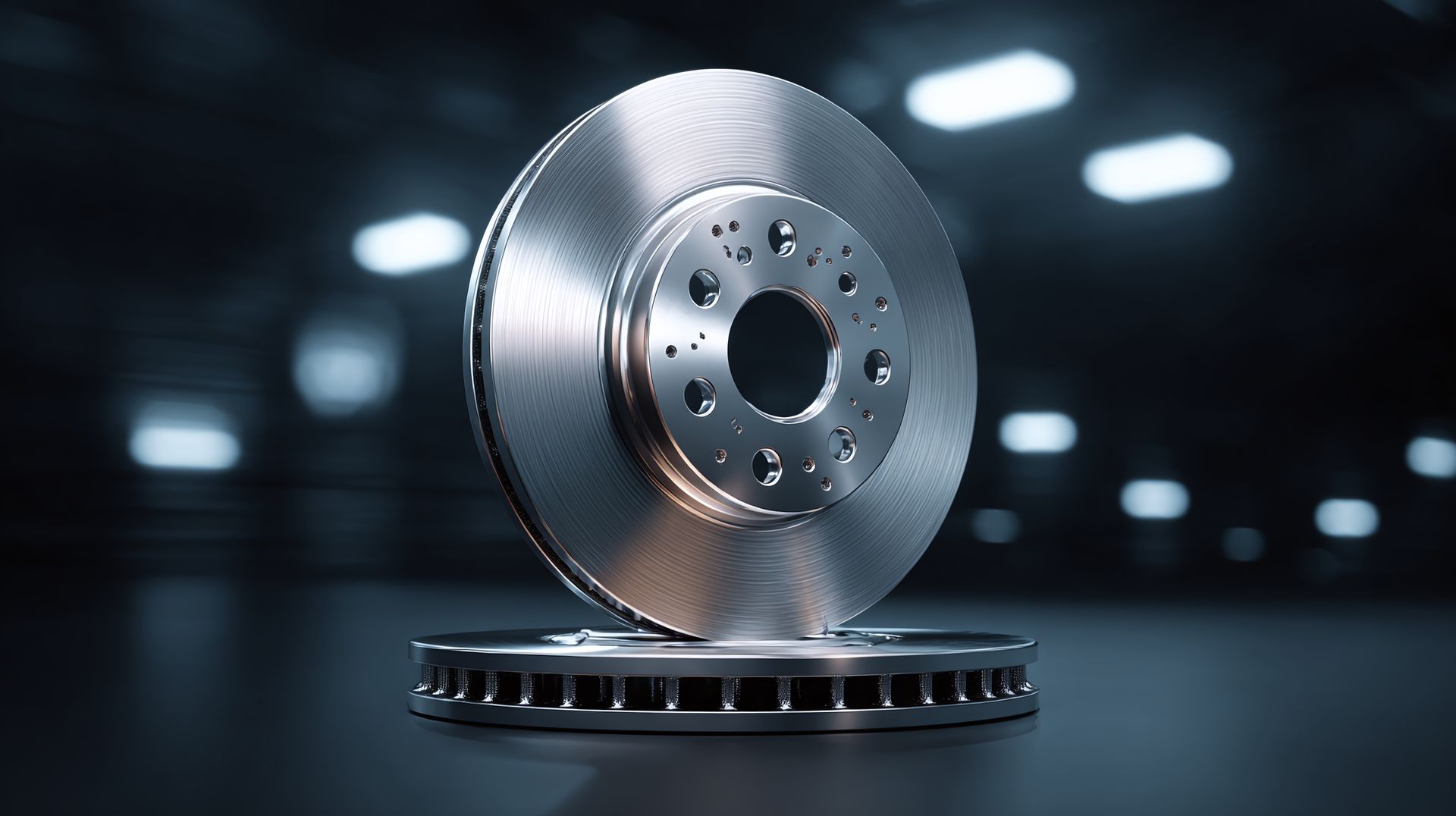 Close-up of new automotive brake disks.