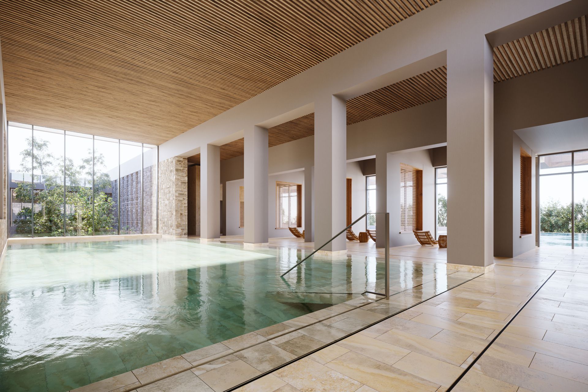 An artist 's impression of an indoor swimming pool in a building.