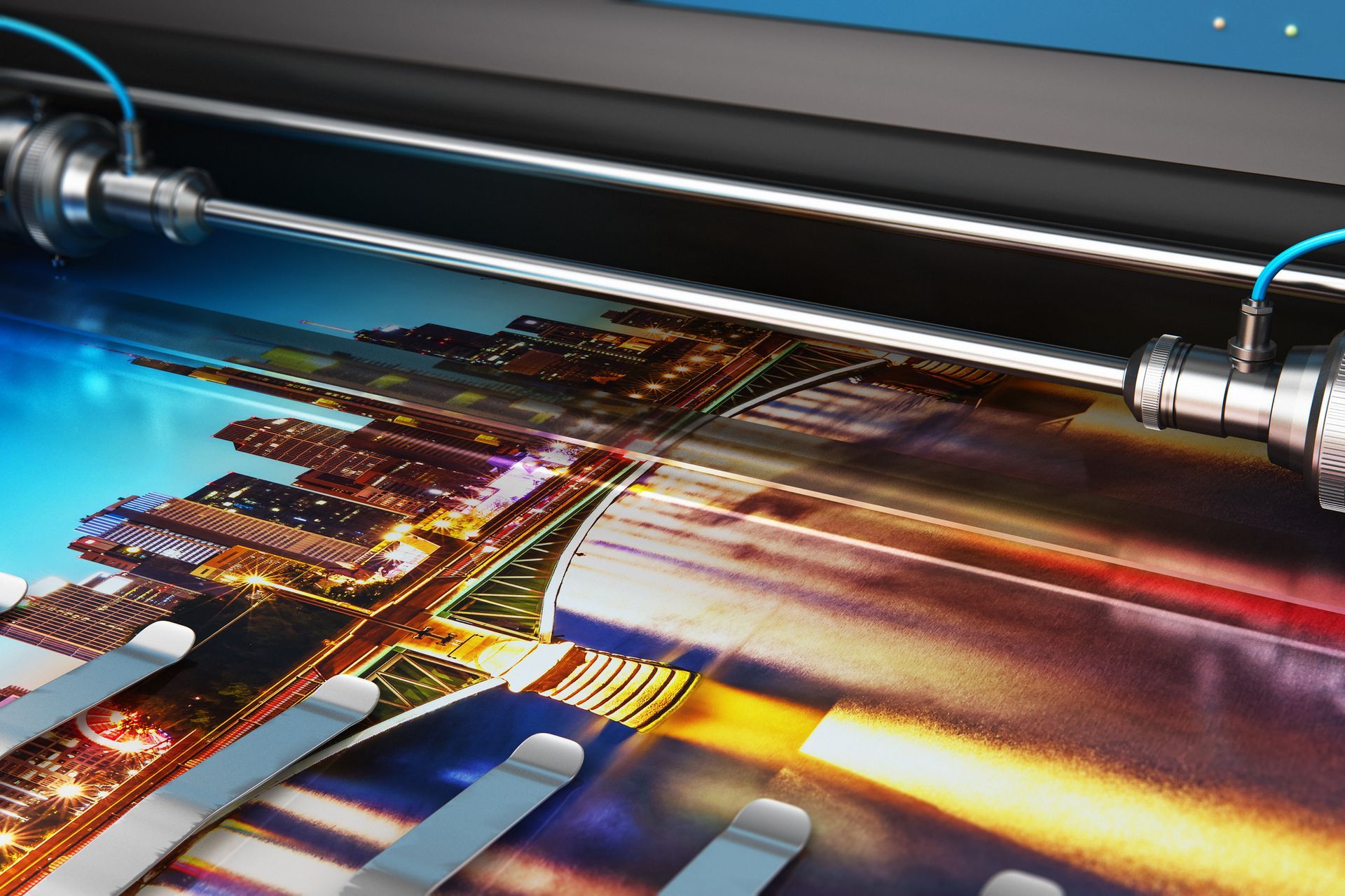 Printing machine in action, printing a colorful city image.
