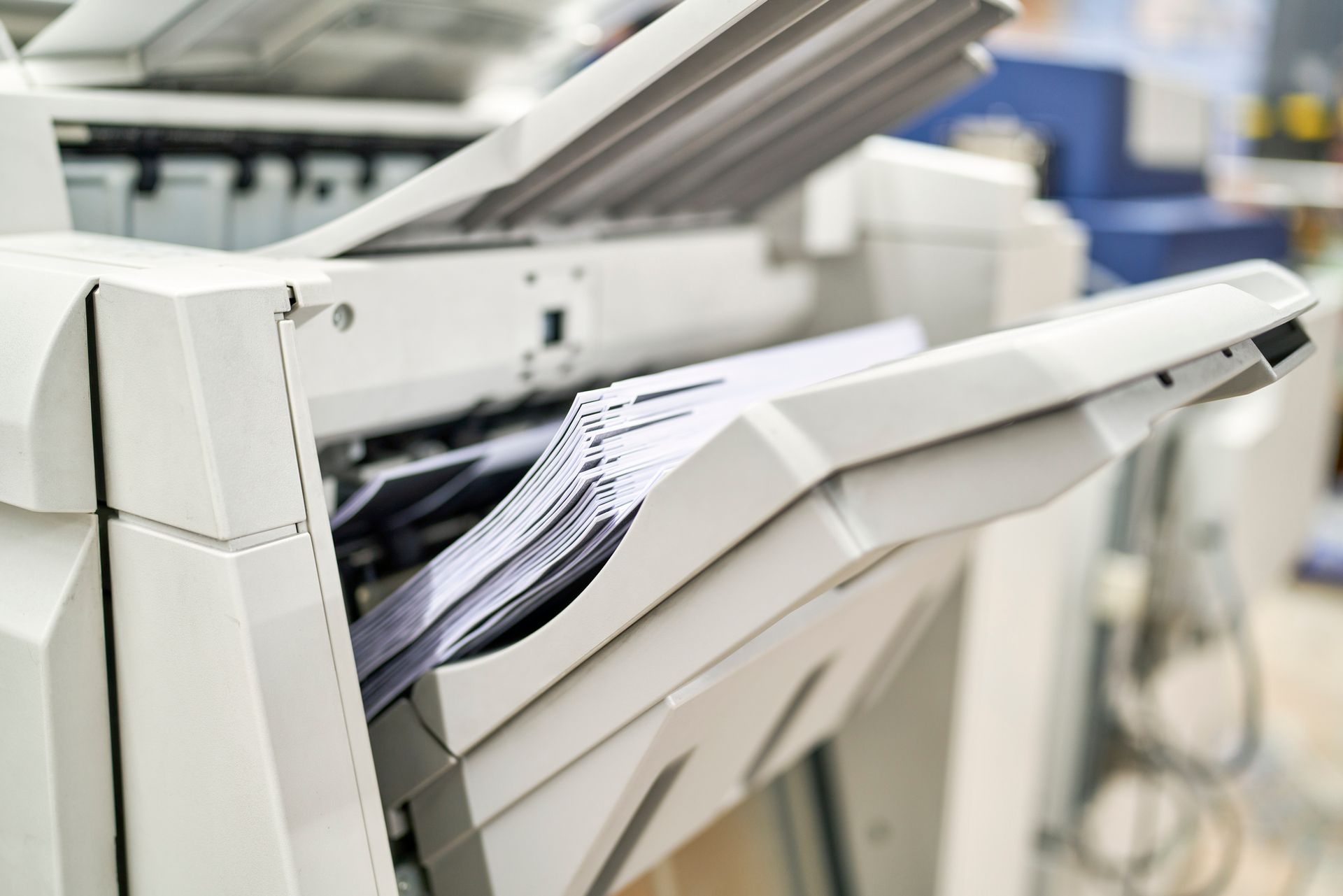 Print shop storefront with large window signs and the business name