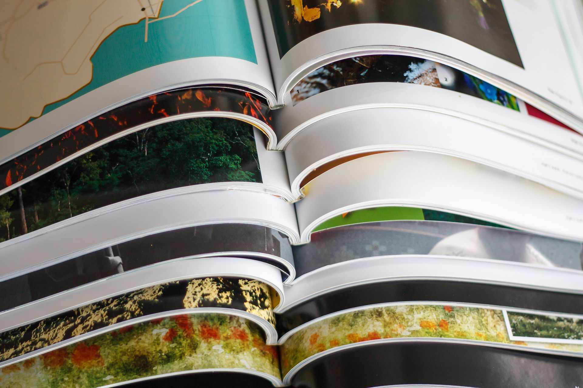Open books stacked, revealing colorful photographs on the pages.