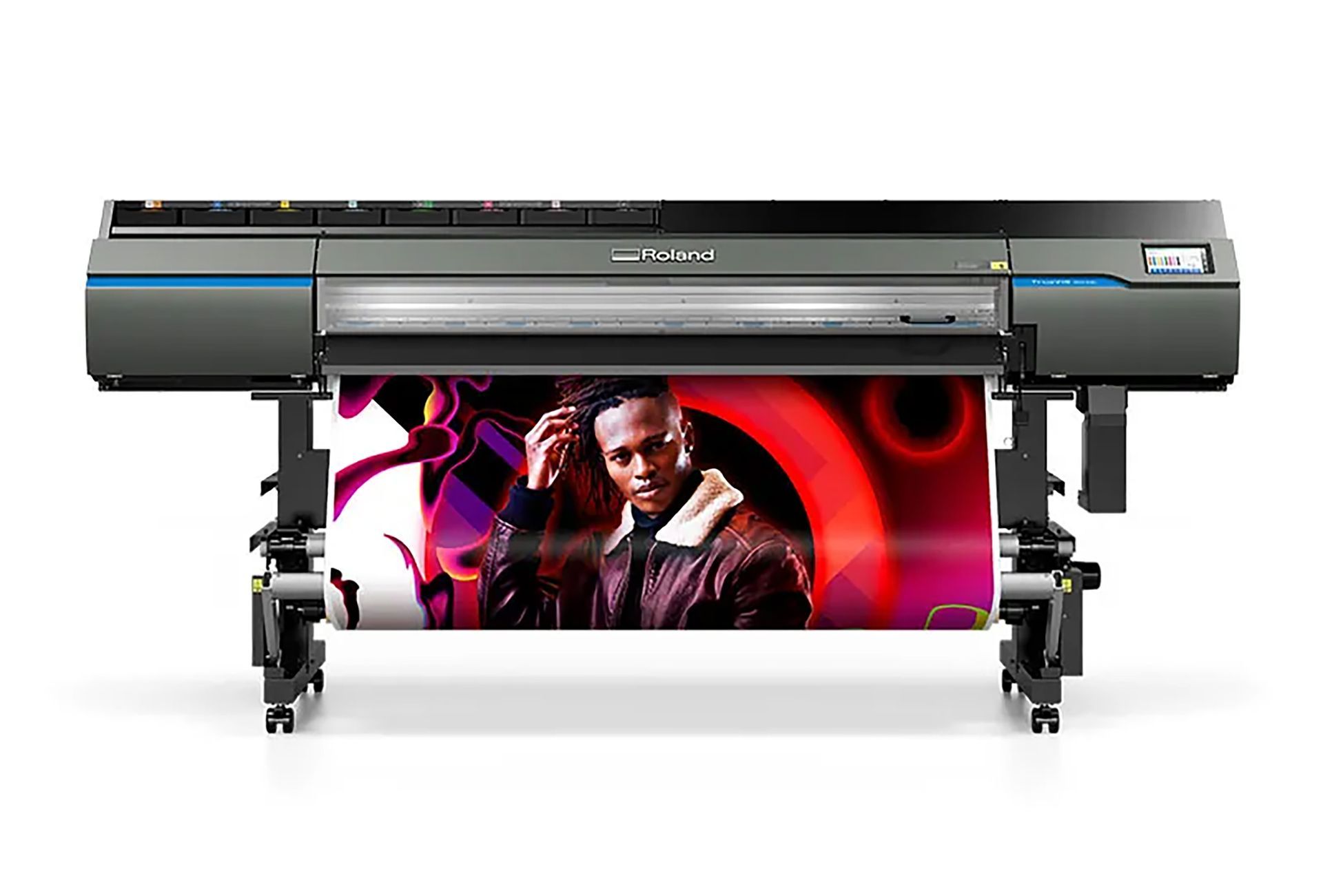 Large format printer with a portrait of a man in front of a colorful background.