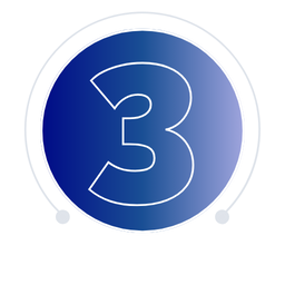 Blue circle with white outline of number 3 and light blue gradient. Two white dots on bottom.