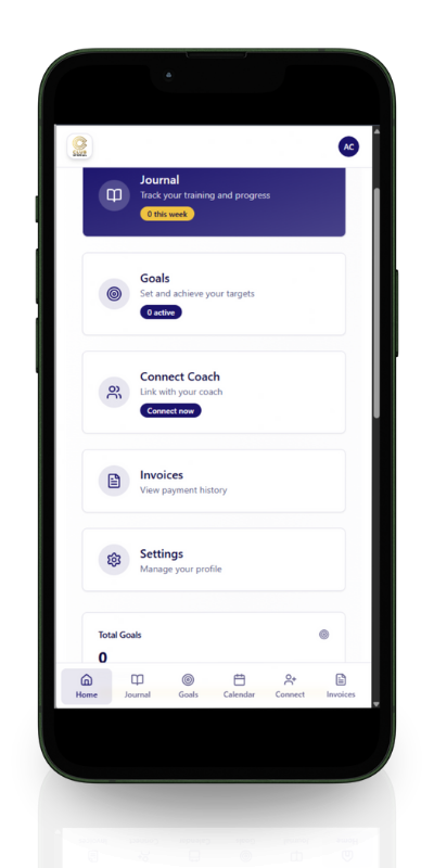 A smartphone displaying an app with features: Journal, Goals, Connect Coach, Resources, and Settings.