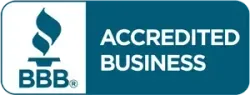 BBB Accredited Business badge in blue and white with torch logo