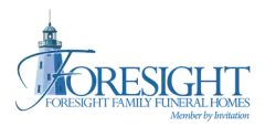 Logo for Foresight Family Funeral Homes with a blue lighthouse icon and the tagline “Member by Invitation”