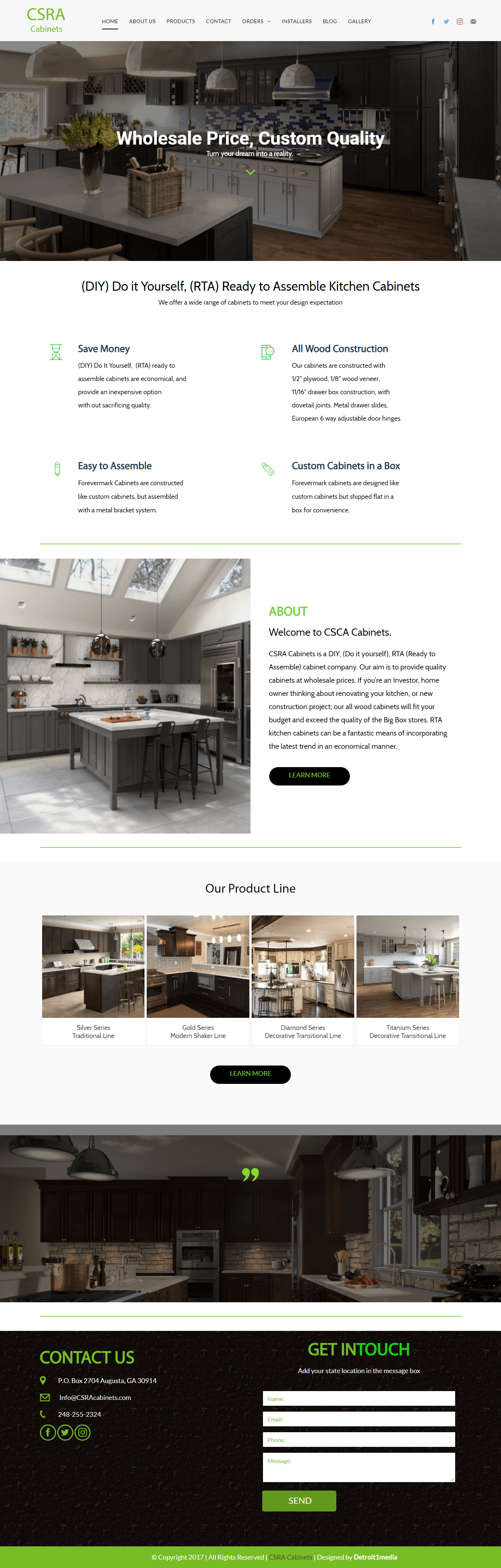 Website with kitchen design photos and a contact form.