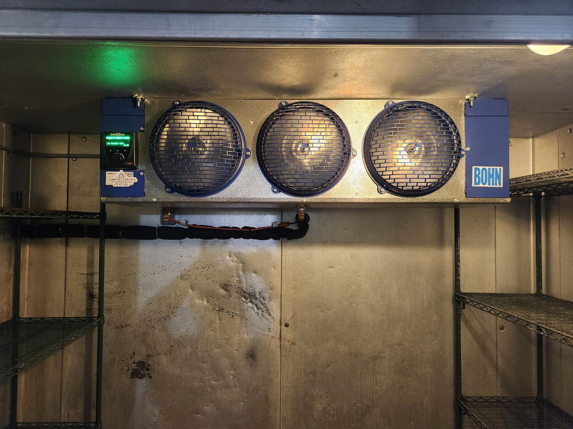 Inside a walk-in freezer: A cooling unit with three fans and a green light. Metal shelves line the walls.