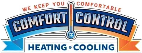 Logo of Comfort Control, a heating and cooling company. Blue and orange design with a thermometer icon, and text.